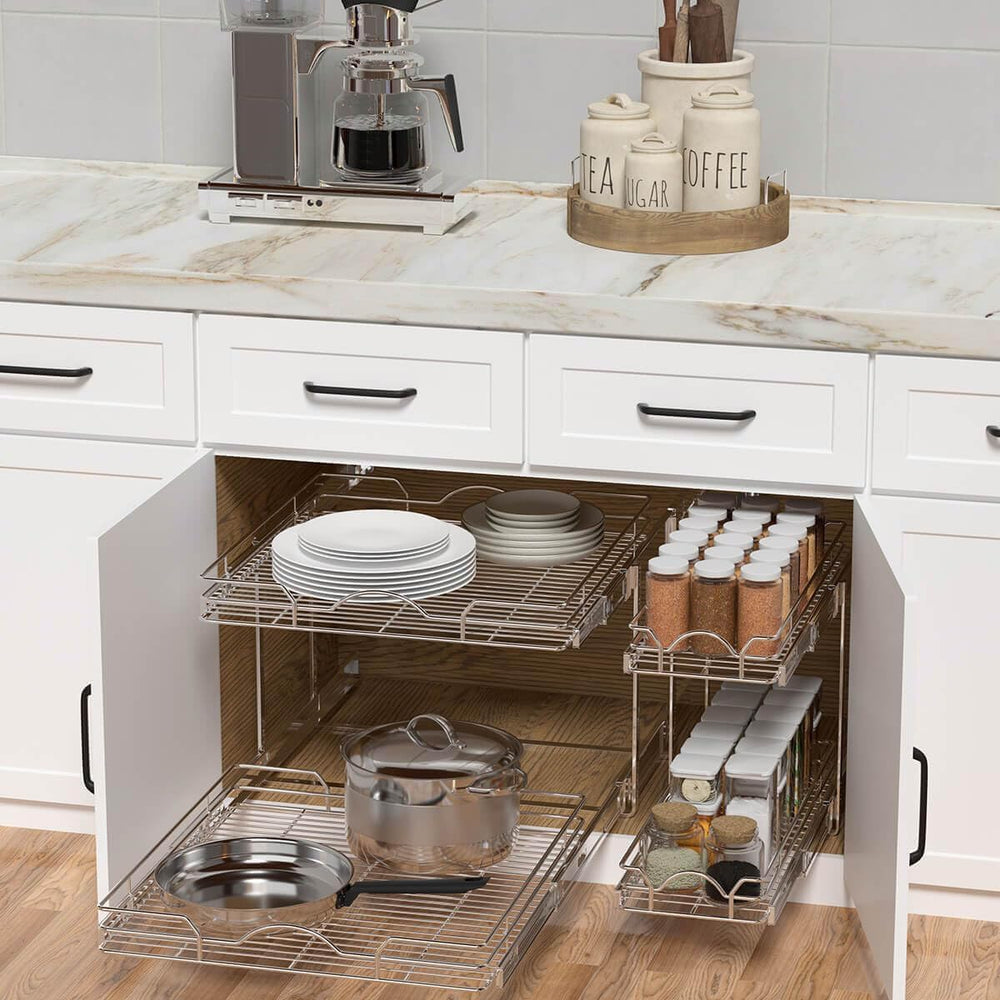 OCG 2 Tier Pull Out Cabinet Organizer (12.5" W x 21" D), Pull Out D...