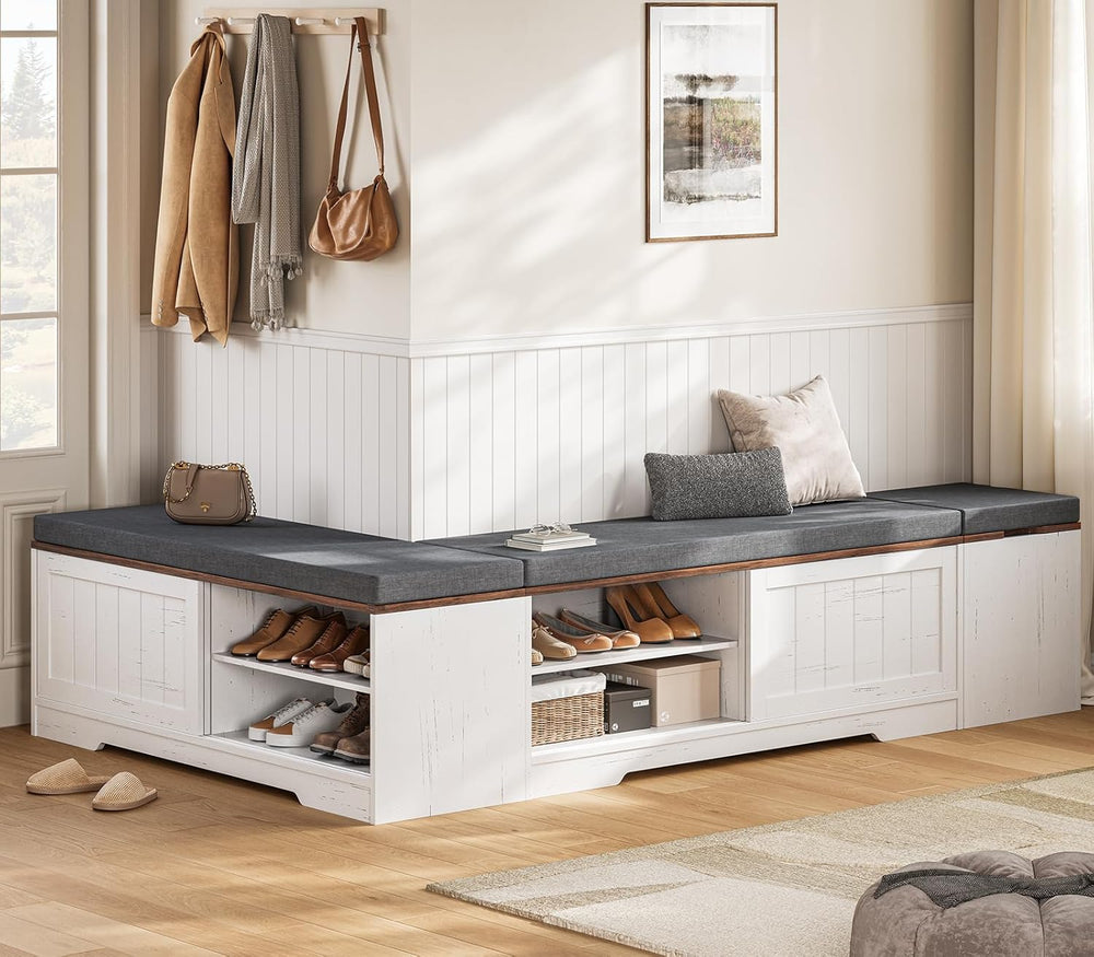 UPOSOJA Farmhouse L Shaped Breakfast Nook Bench, Shoe Storage Bench with Cush...