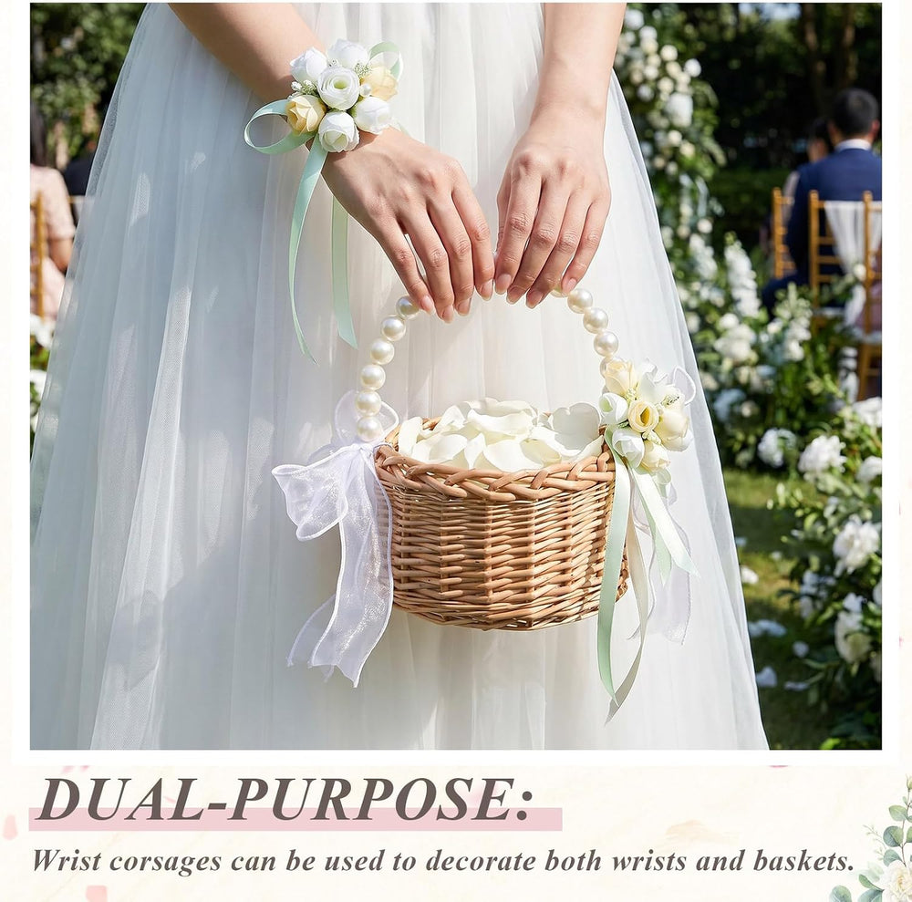 Thyle 4 Sets Wicker Rattan Flower Girl Basket with Wrist Corsage, Champagne