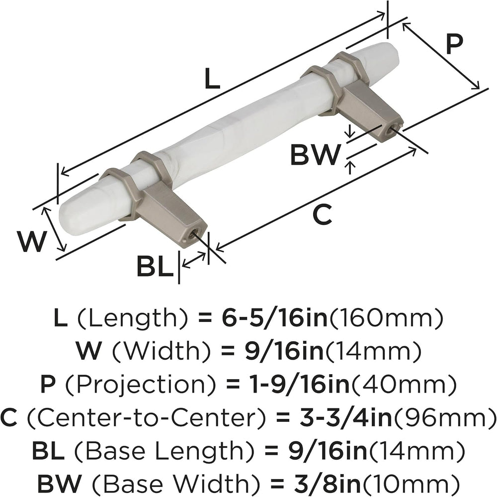 Amerock | Cabinet Pull | Marble White/Satin Nickel | 3-3/4 inch (96 mm) Cente...