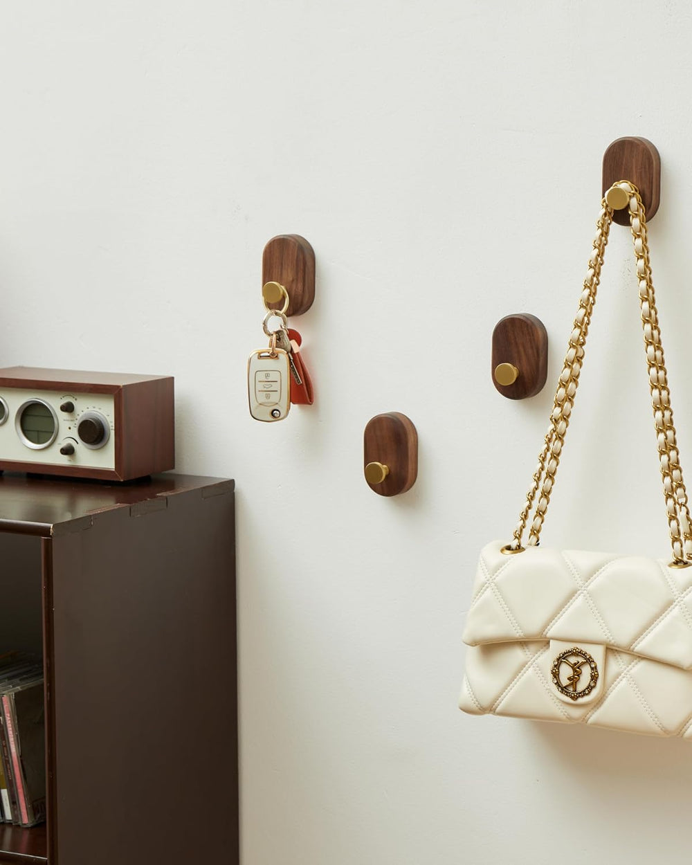 Wood Coat Hooks Wall Mount - Modern Walnut Coat Hook with Bronze Accent for H...