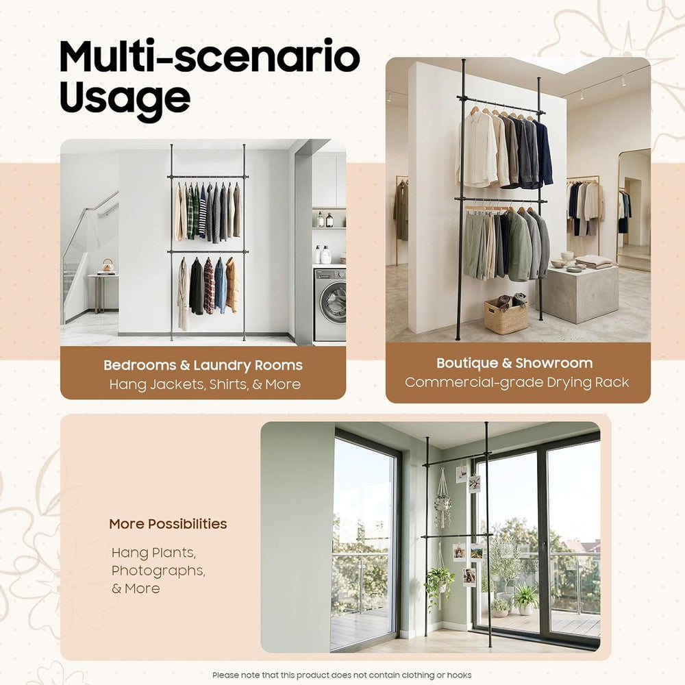 Floor to Ceiling Clothes Rack, Heavy-Duty Telescopic Garment Rack, 2-Tier Adj...
