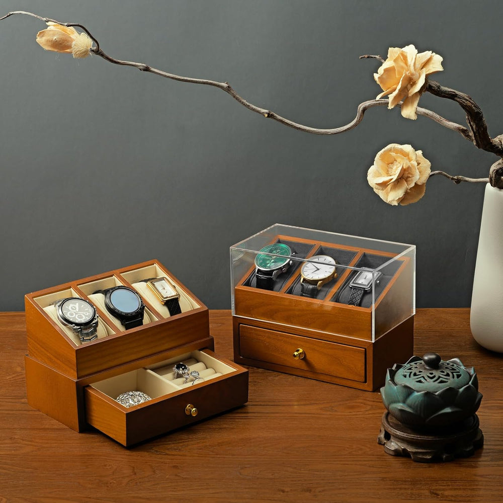 Solid Wood 3-Slot Watch Display Case with Acrylic Lid & Drawer