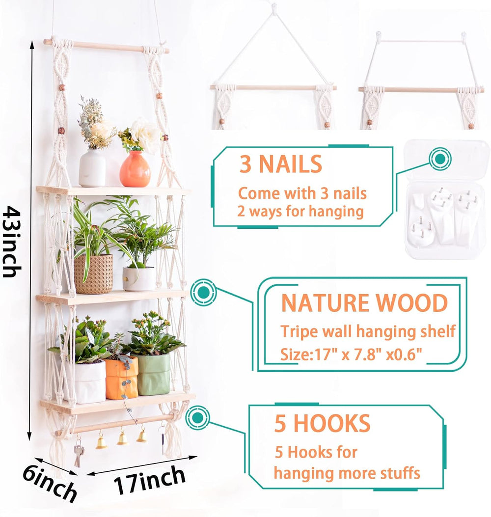 TENEWEE Boho Macrame Hanging Wall Shelf for Plant & Books Display 3-Tier