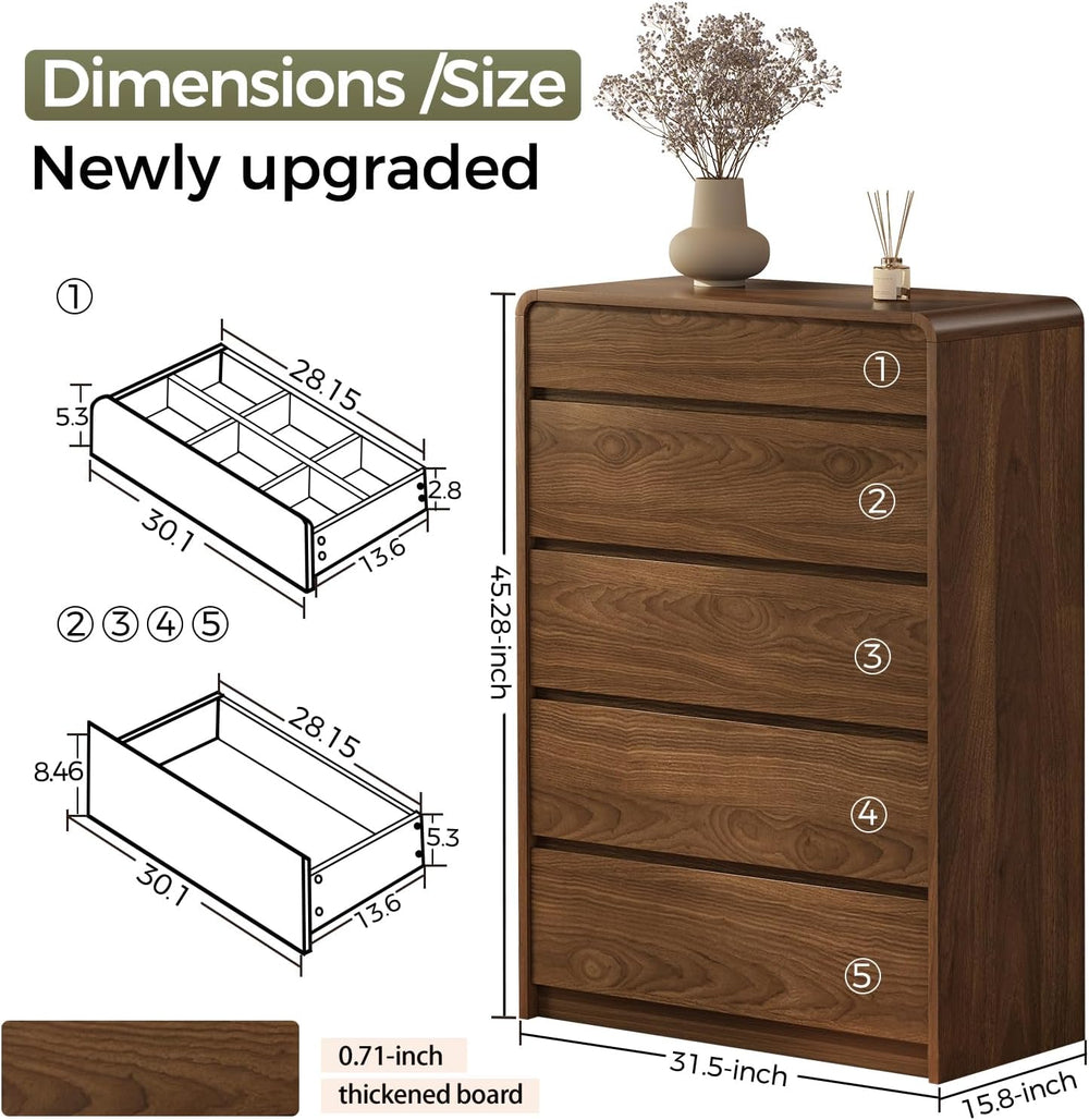 Messenya Mid Century Modern 5 Drawer Dresser with Organizer for Bedroom