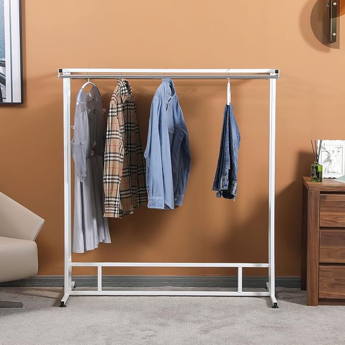 MyGift White Stainless Steel Freestanding Garment Rack, Heavy Duty Double Rod