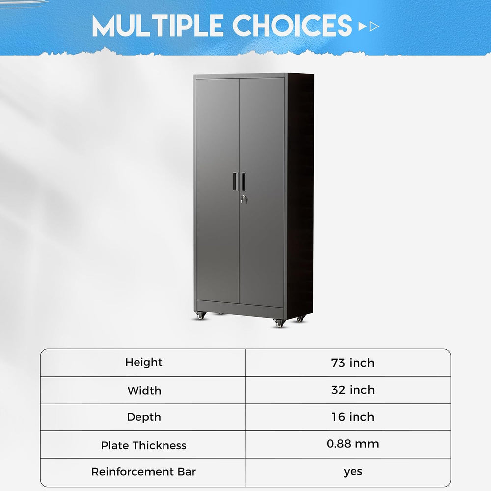 Greenvelly Metal Garage Storage Cabinet with 4 Swivel Wheels, 73" Black ...