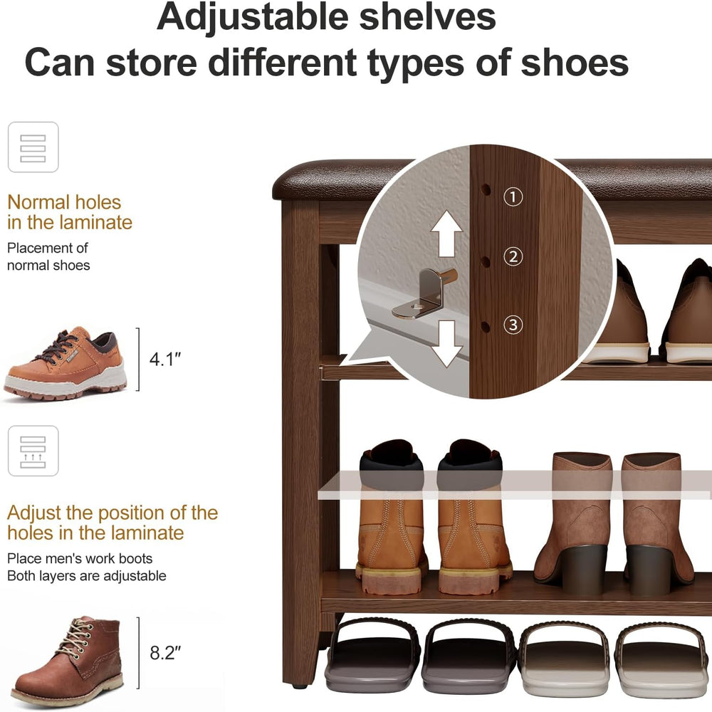 AQIMUELE Shoe Bench with Leather Cushion, 3 Tiers Shoe Storage Bench Height A...