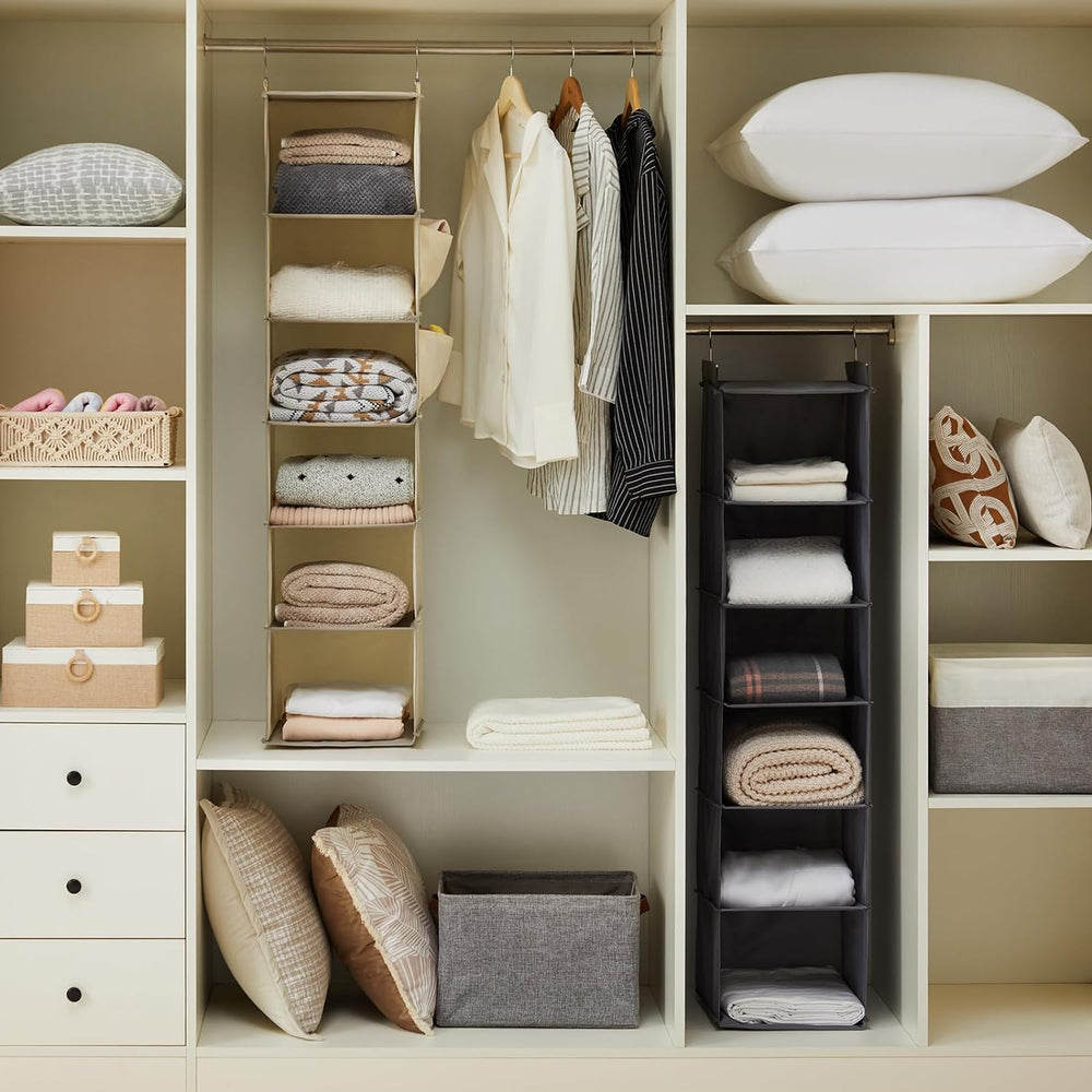 YOUDENOVA Hanging Closet Organizer and Storage, 6-Shelf, 2 Packs, Beige