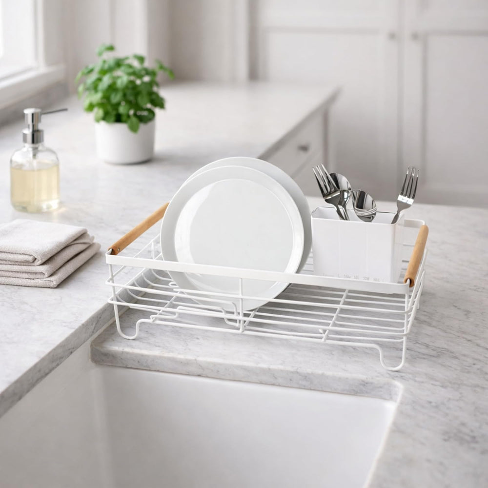 Oggi Large Dish Drying Rack - White & Bamboo Dish Drying Rack, Drying Rac...