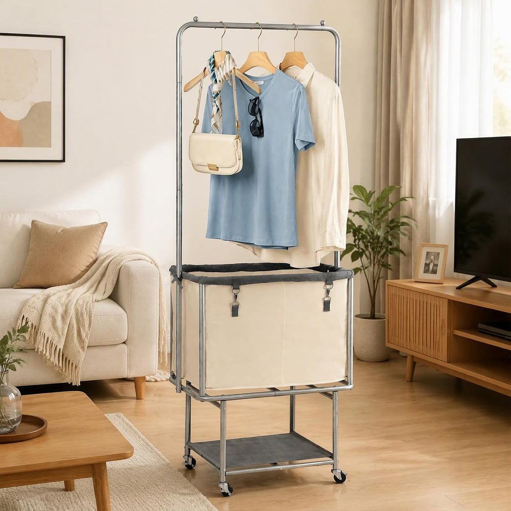 Rolling Laundry Cart 110L With Hanging Bar & Storage Shelf, Beige