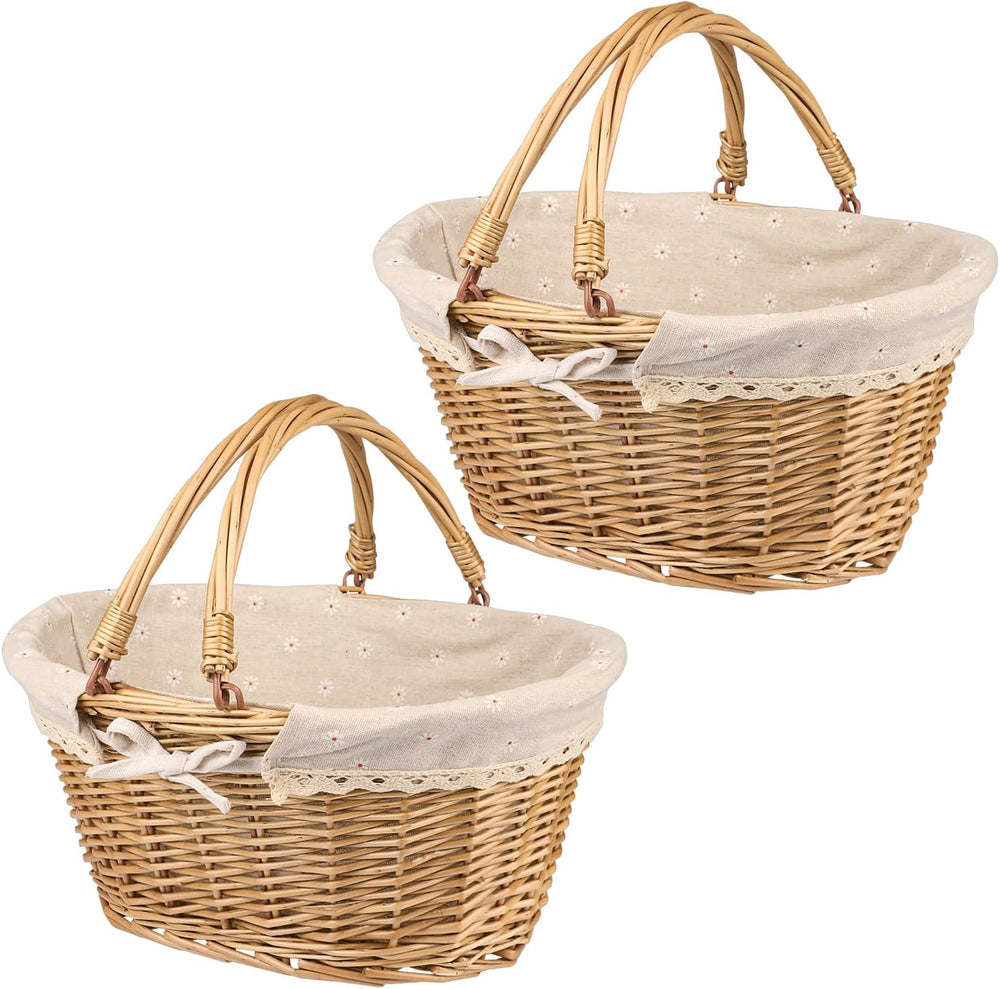 2 Pack Medium Size Oval Willow Basket with Handle, 12.6x9x4.7 Inch Wicker Pic...