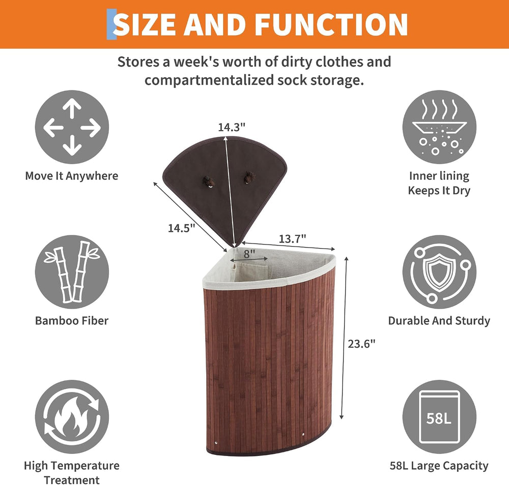 Bamboo Corner Laundry Hamper with Lid – 58L Large Collapsible Clothes Basket ...
