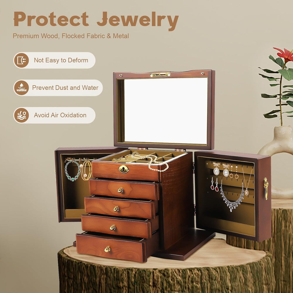 Large Wooden Jewelry Box with Mirror and Lock, 5 Layers Locking Jewelry Organ...