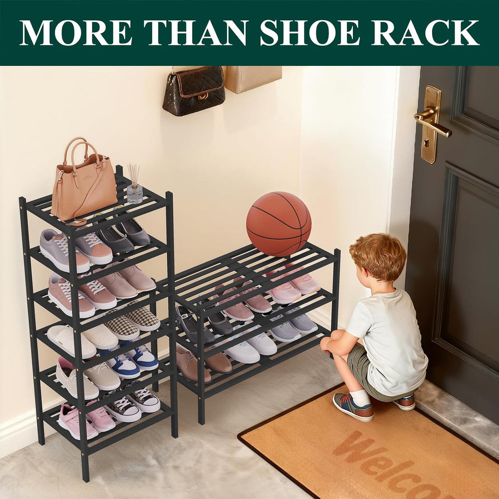 Smiry Bamboo Shoe Rack, 5 Horizontal Slats, 2 Tier - 17.3" Wide, Black