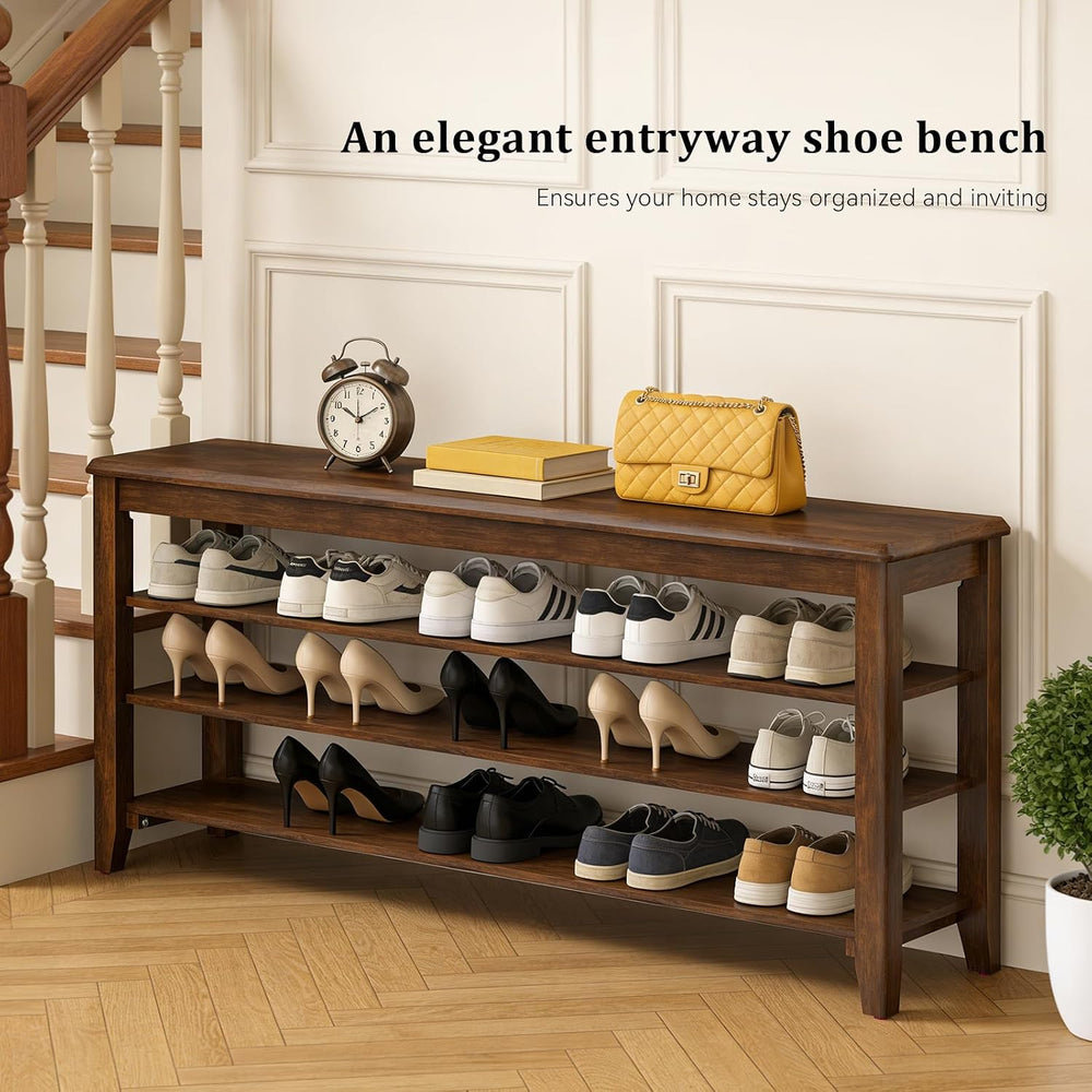 Taitiy Shoe Bench with 3 Tier Adjustable Shelves Rubberwood Entryway 47.2'...