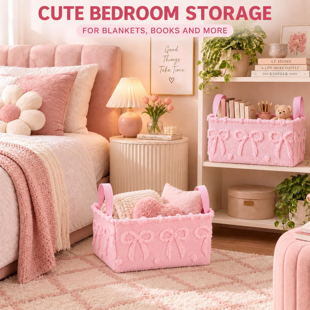 2 Pack Pink Bow Storage Baskets, 14x10'' Foldable Bins with Handles