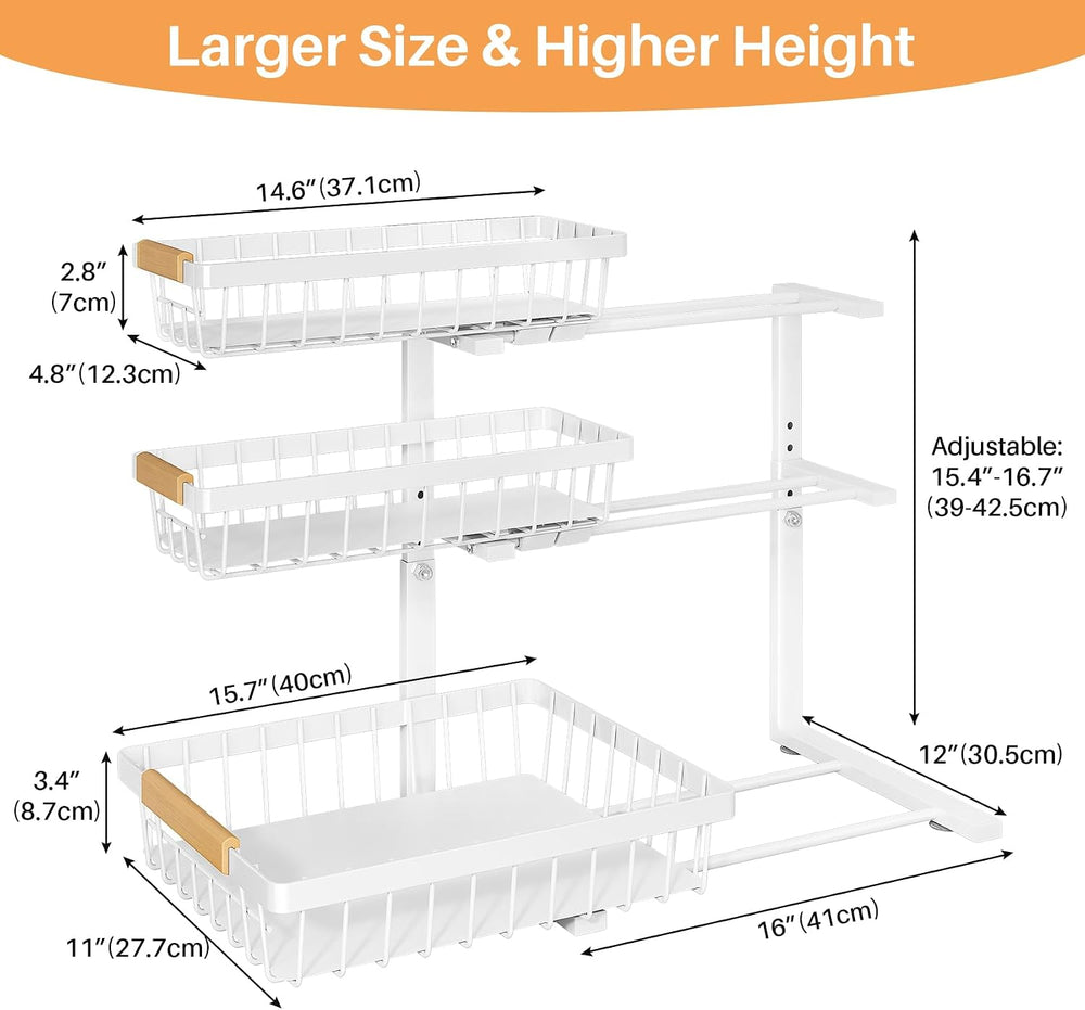 PXRACK Under Sink Organizer, 1-Pack 3-Tier Height Adjustable Thickened Metal ...