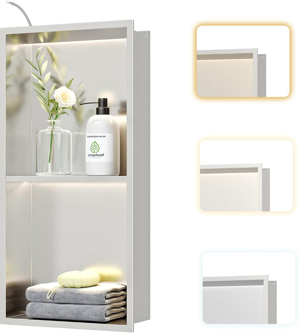 Brushed 2-Tier 3 CCT LED Niche, 12"x24" No-Tile Shower Storage