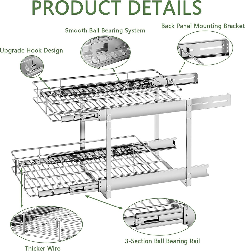 2 Tier Individual Pull Out Cabinet Organizer 10½" W x 18" D, Heavy ...