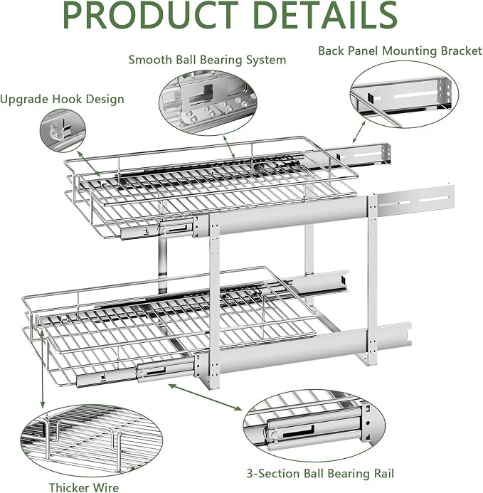 2 Tier Individual Pull Out Cabinet Organizer 13½" W x 21½" D, Heavy...