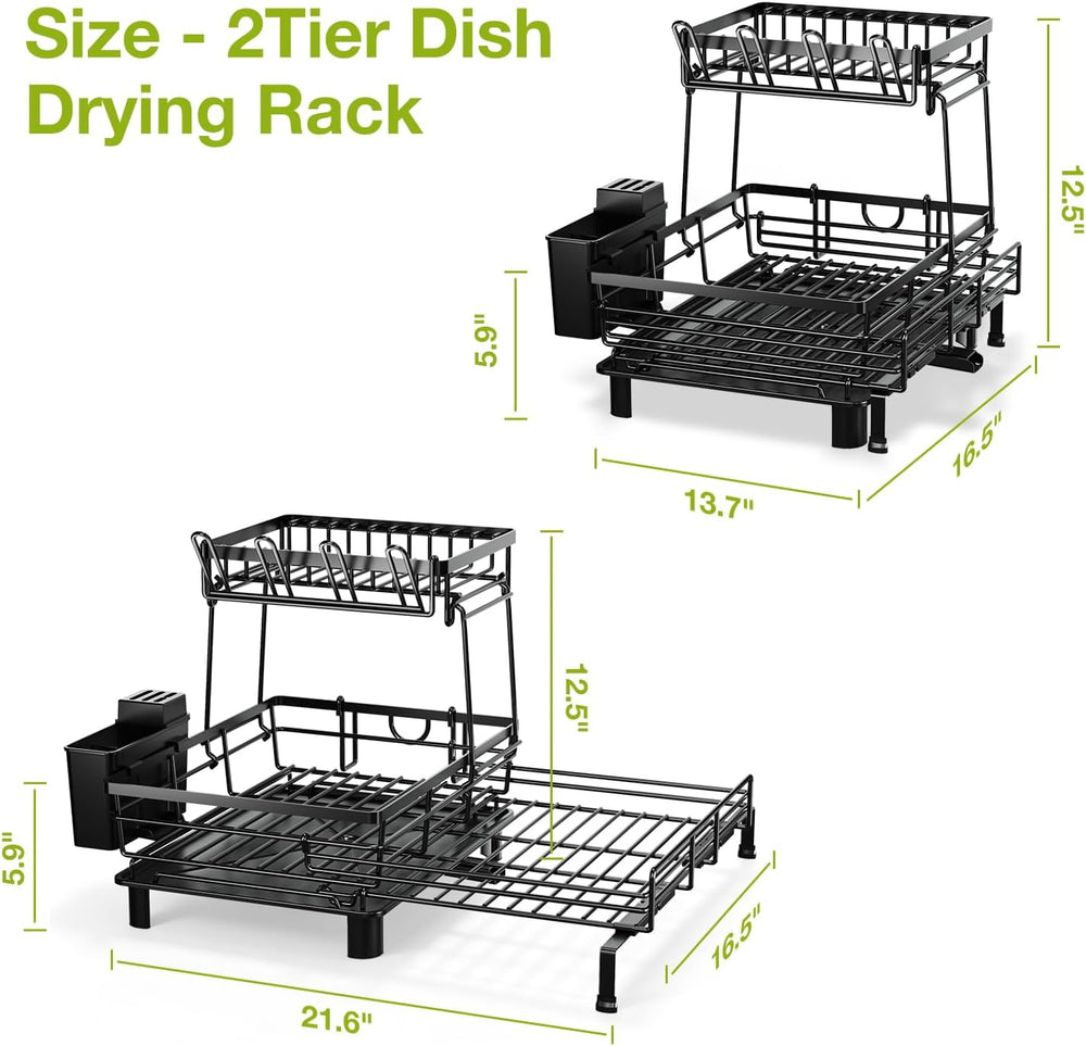 2-Tier Expandable Dish Drying Rack for Kitchen Counter, Black