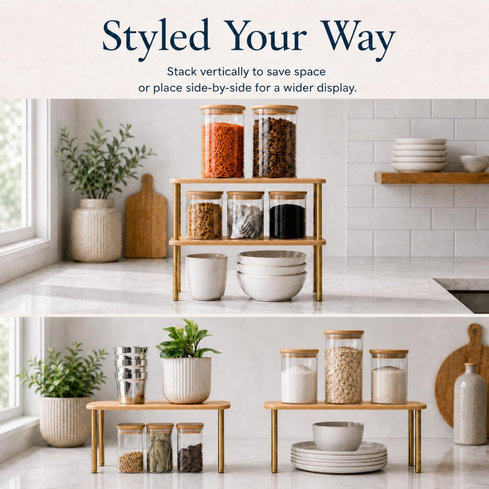 Stackable Shelves Organizer for Kitchen, Set of 2, Bamboo, Natural