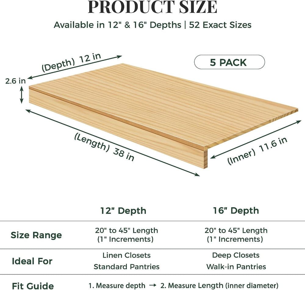 Solid Pine Wire Shelf Covers, 16" D x 24" L, Tool-Free Pantry Rack