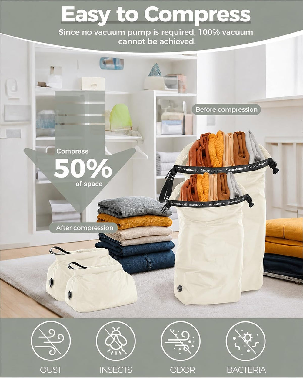 Travel Compression Laundry Bag, Pump-Free Vacuum Space Saver Bag for Dirty Cl...
