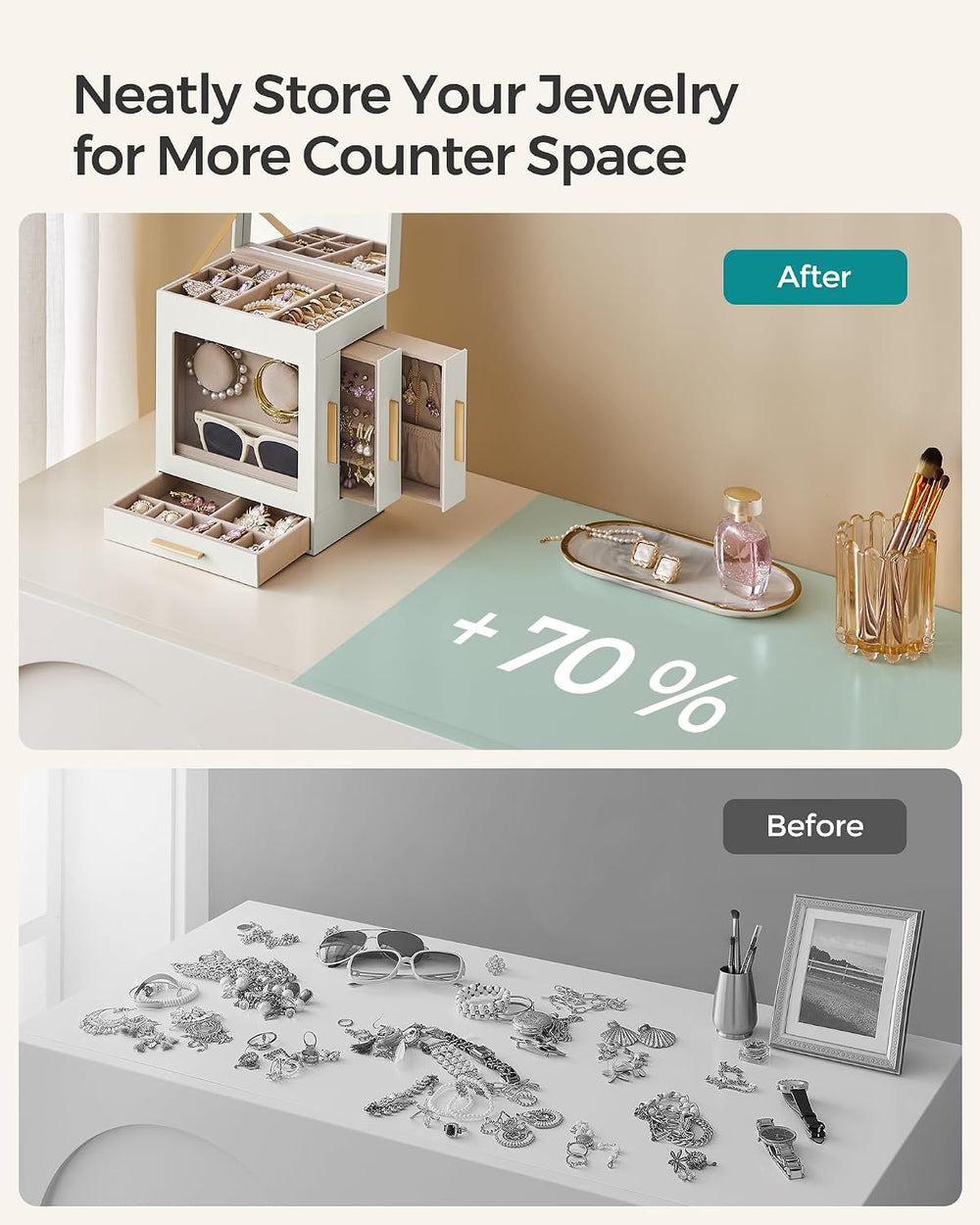 SONGMICS 5-Layer Jewelry Box with Glass Window, 3 Side Drawers