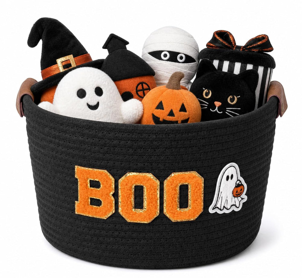 Halloween Woven Rope Basket with Boo Ghost Stickers