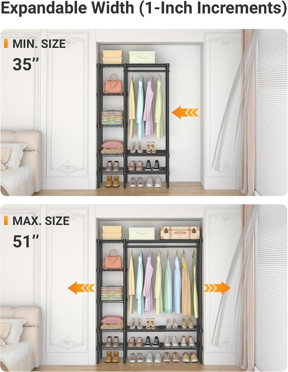 Expandable Clothes Rack with Shelves for Heavy Duty Closet Organizer System