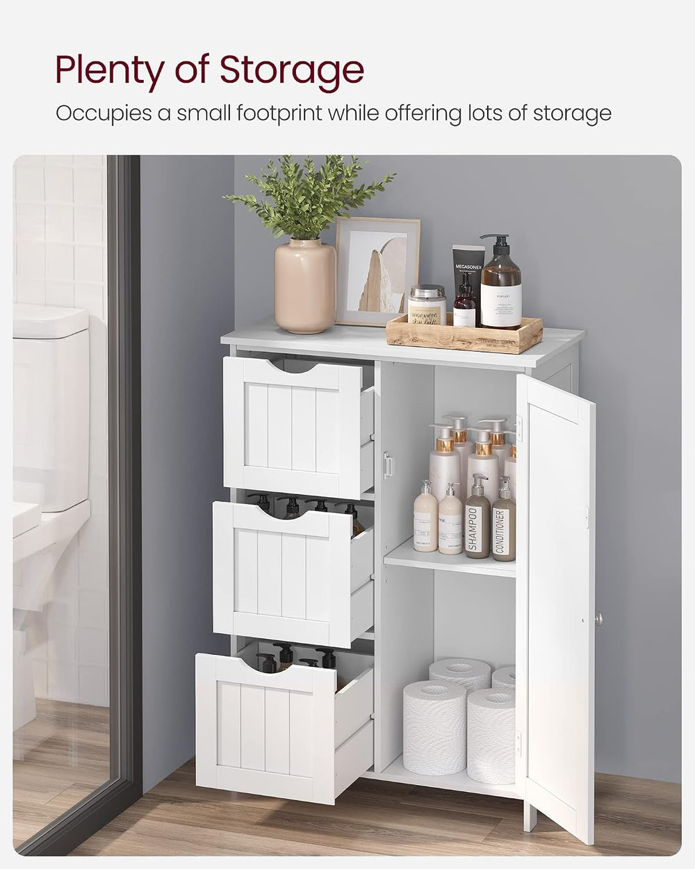 VASAGLE Bathroom Floor Storage Cabinet, 3 Drawers, Cloud White