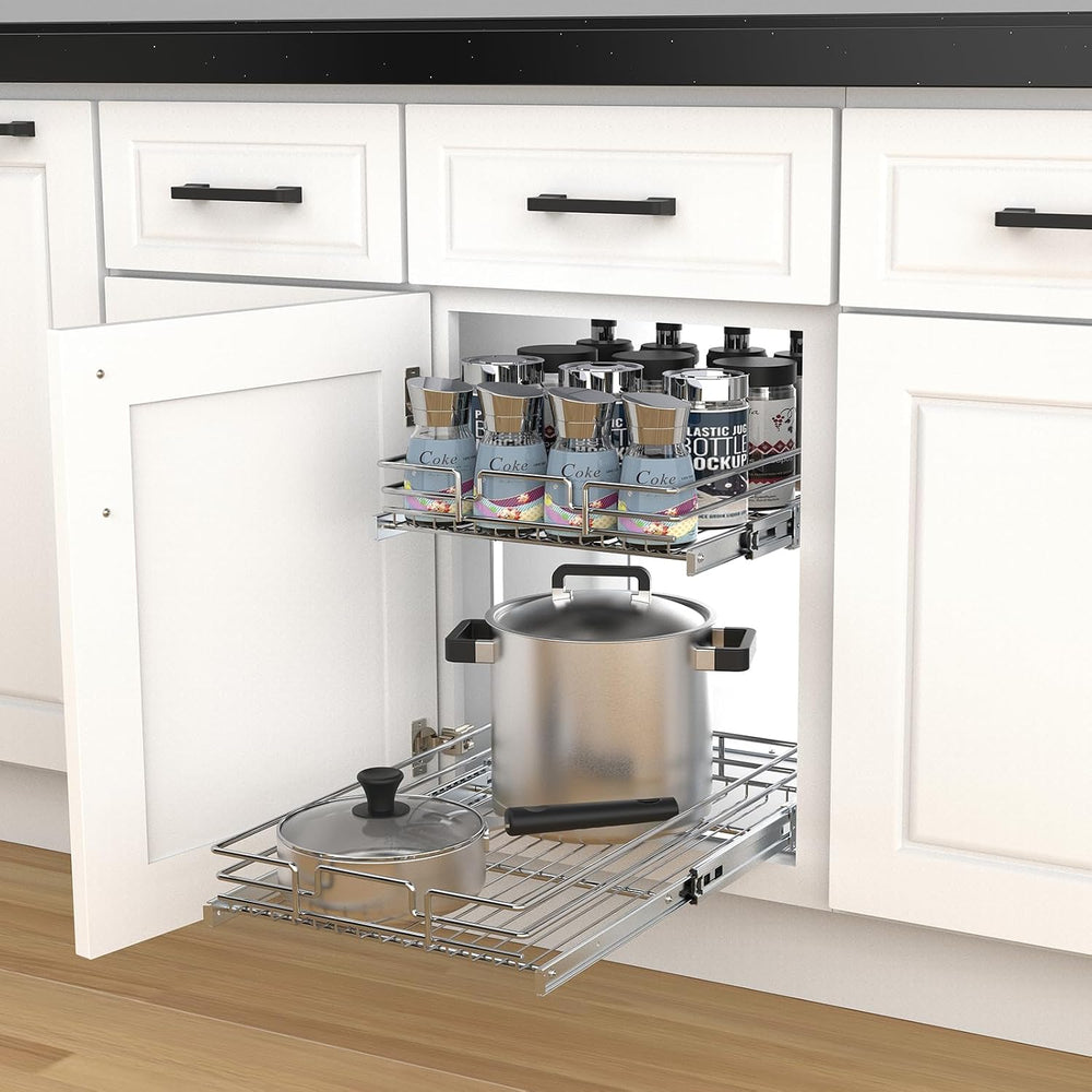 2 Tier Pull Out Cabinet Organizer, 17" W x 21" D Heavy-Duty Metal S...