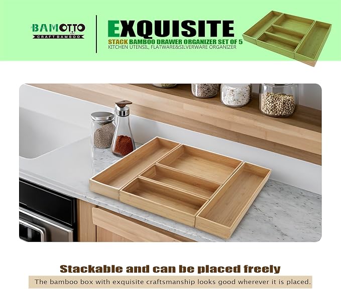 Stack Bamboo Drawer Organizer Set of 5, Kitchen Utensil, Flatware&Silverware