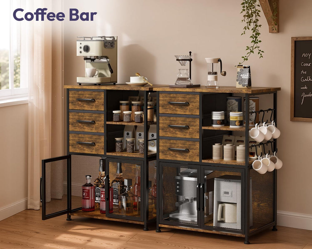 Coffee Bar Cabinet with Drawers - Open Shelves and Mesh Doors