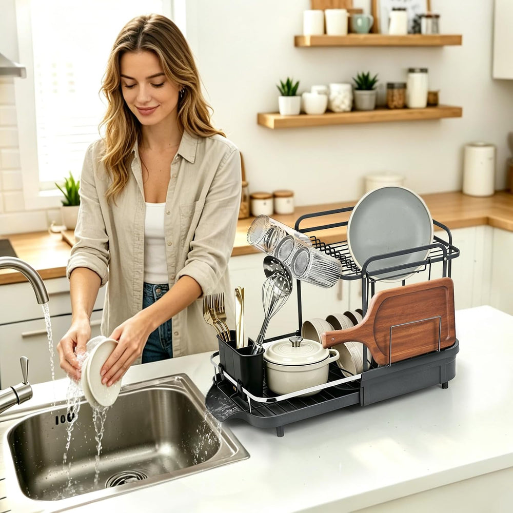 Expandable Stainless Steel 2-Tier Large Capacity Dish Drying Rack, Auto Drain...