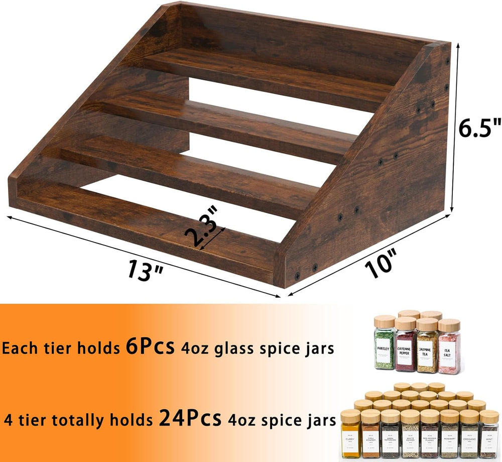 4 Step Spice Rack Organizer for Cabinet, Robust Wooden Display Riser Shelf Se...