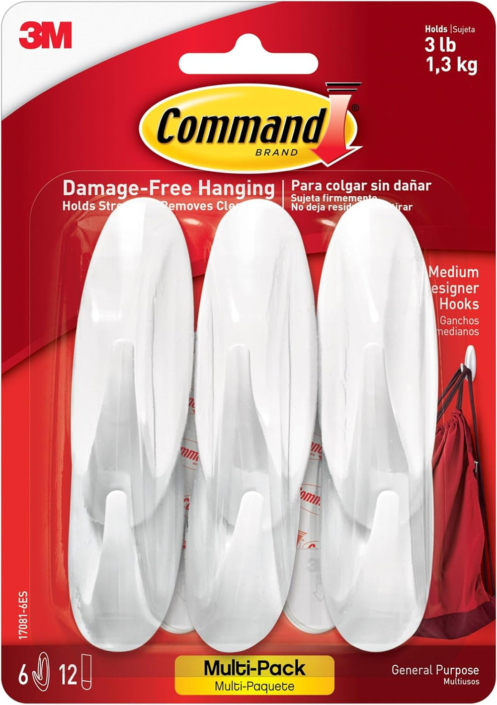 Command Medium Designer Hooks, 6 Hooks and 12 Strips, Damage-Free Hanging Wal...