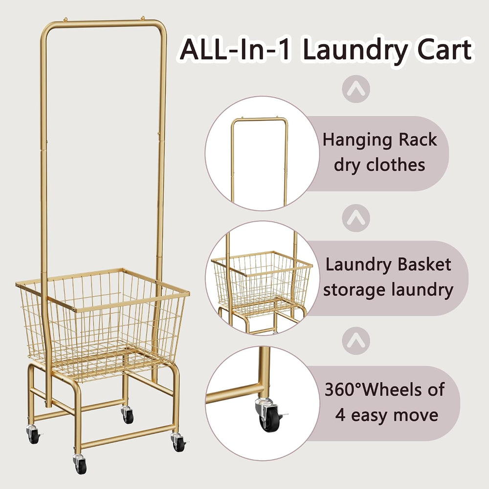 Rolling Laundry Cart with Wheels, Laundry Hamper Basket Organizer with Clothe...