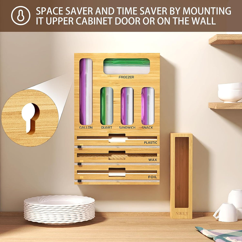 9 IN 1 Bamboo Foil and Plastic Wrap Organizer for Kitchen Drawer, Plastic Bag...