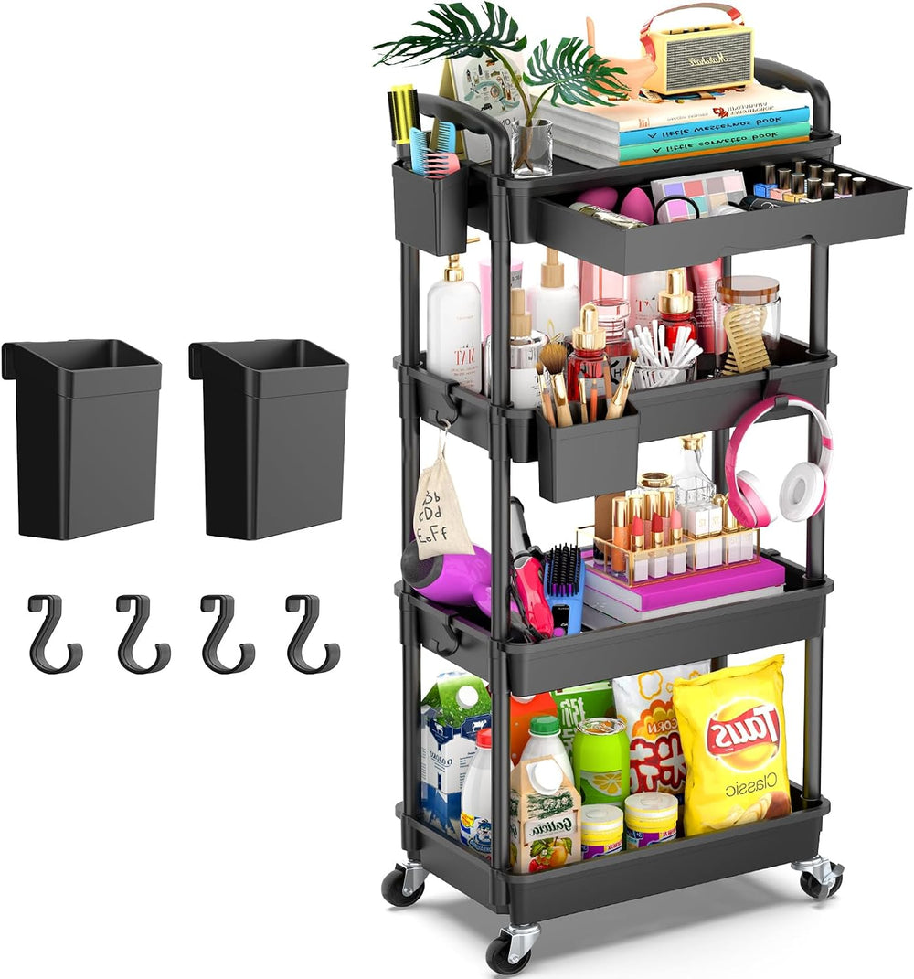 Goovilla 4 Tier Rolling Utility Cart Organizer with Removable Drawer, Black