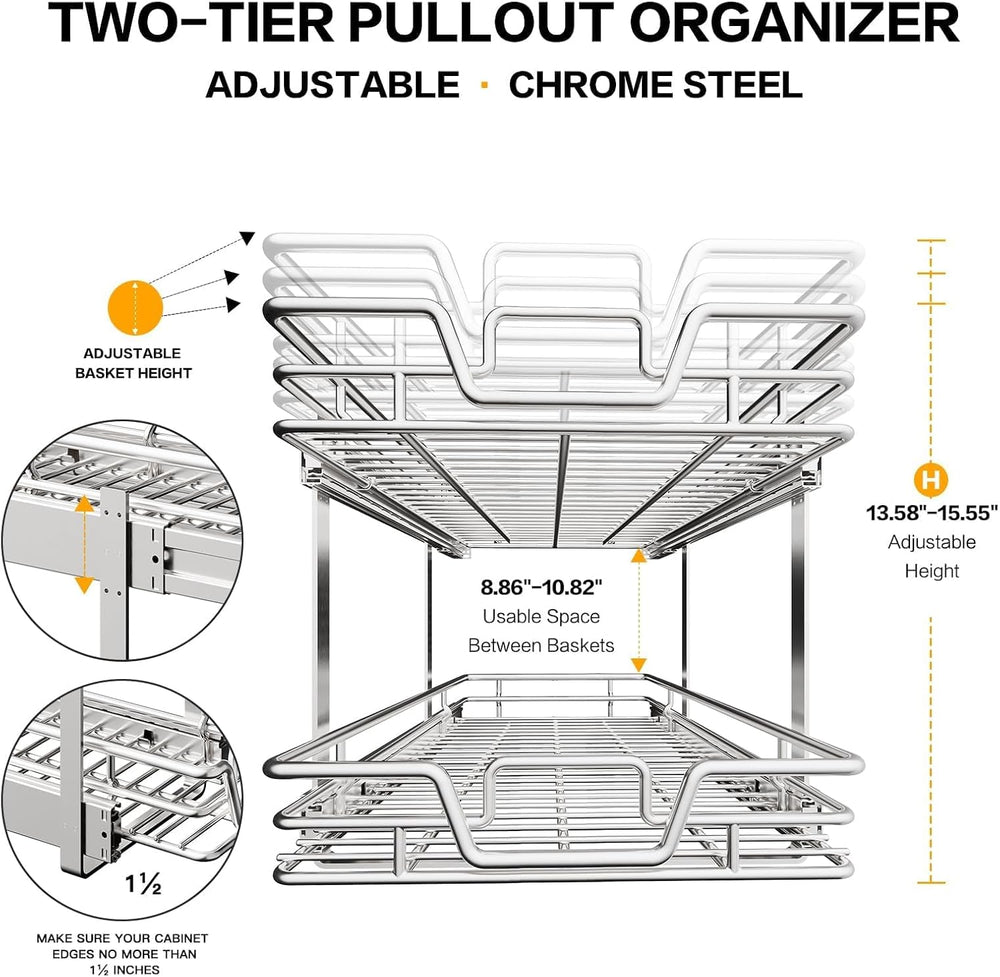 2-Tier Kitchen Cabinet Pull Out Shelf and Drawer Organizer Slide Out Pantry S...