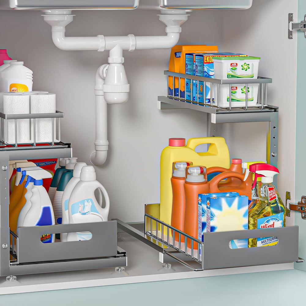 2-Pack L-Shaped Under Sink Organizer, 2-Tier Pull-out Cabinet Rack