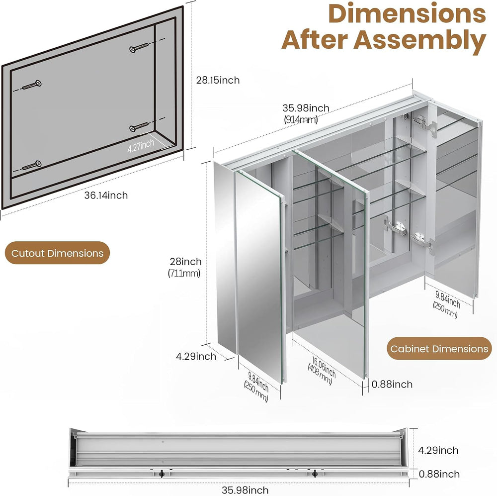 36 x 28 Bathroom Mirror Medicine Cabinet 3 Doors, Recessed & Wall-Mounted