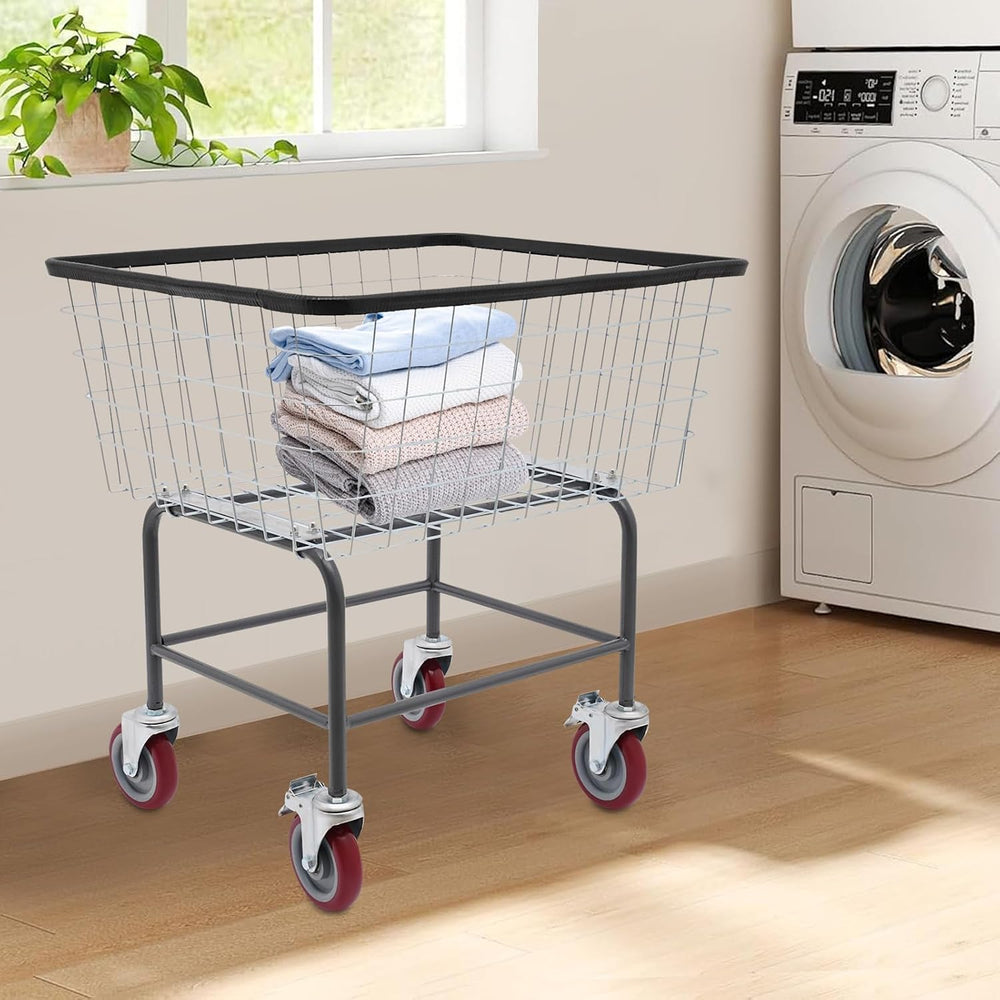 Heavy Duty Steel Wire Laundry Cart with Wheels, Rolling Laundry Basket Galvan...