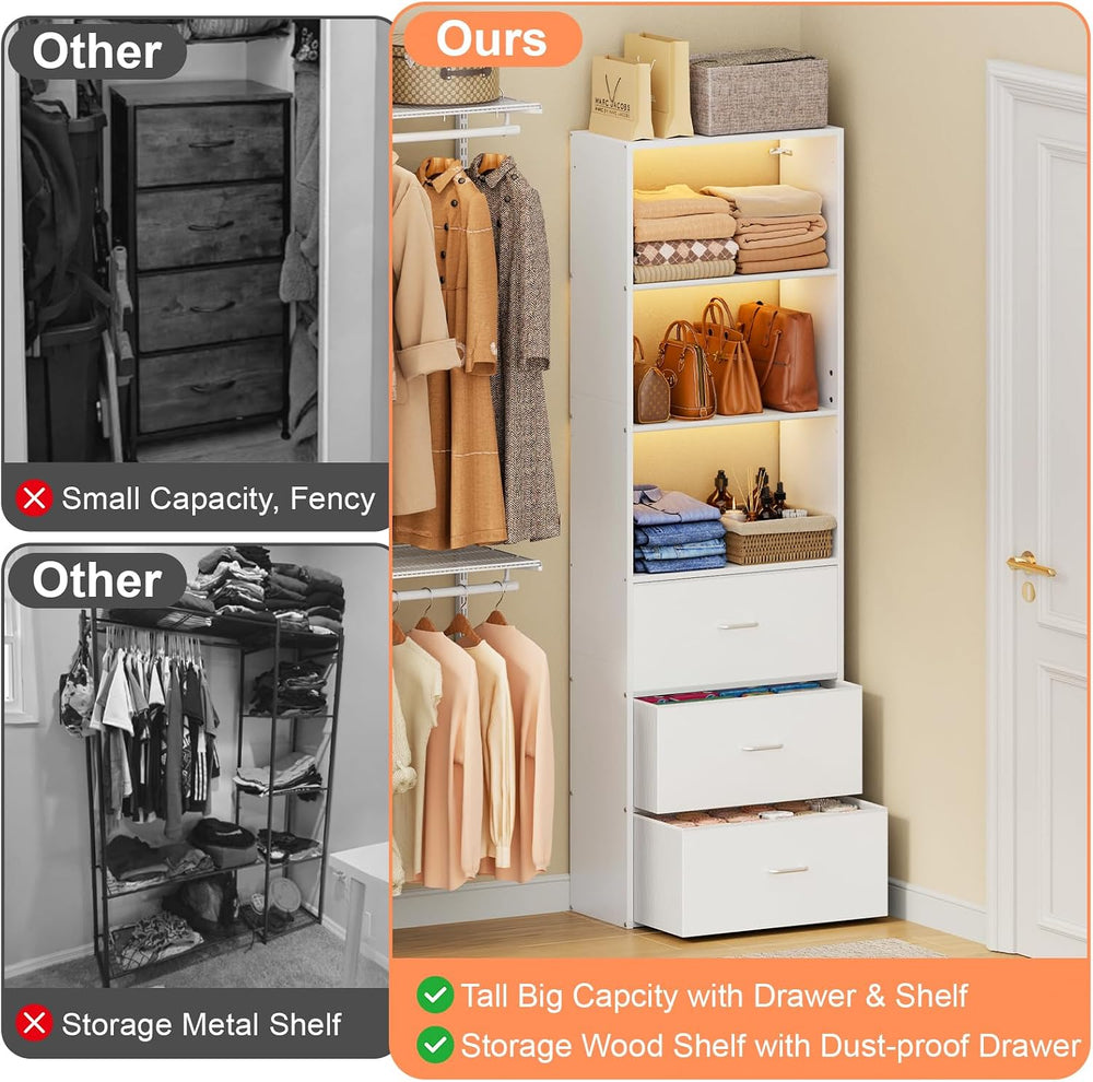 21.3" Wide Tall Wood Closet Organizer System with 3 Fabric Drawers