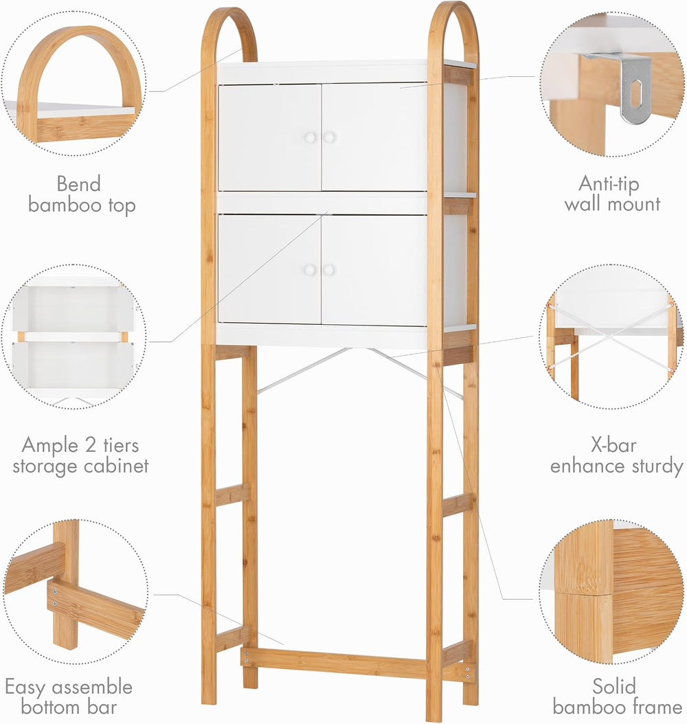 UTEX Over the Toilet Storage Cabinet with Doors, Arched Bamboo Frame, White
