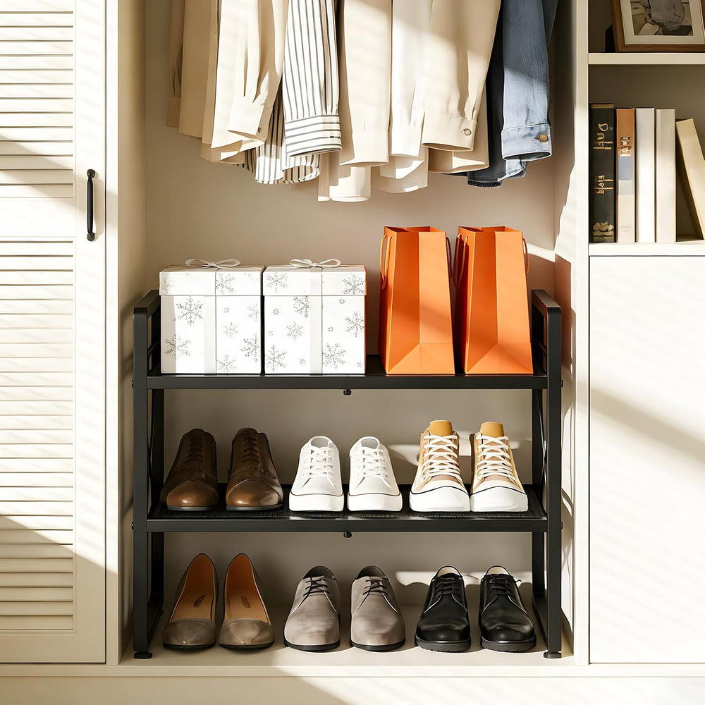 ELYKEN Expandable Shoe Rack for Closet, 2-Tier Metal Black Shoe Organizer
