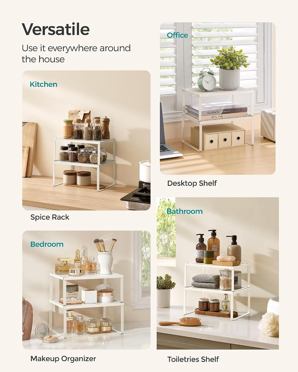 SONGMICS Set of 4 Metal Spice Racks, Stackable Expandable Shelf Risers